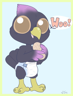 anthro arm_tuft beak big_eyes black_body black_feathers blue_background blue_diaper border chibi clothed clothing diaper feathers food front_view fruit glistening glistening_eyes green_border head_tuft holding_food holding_nut holding_object leg_markings legume male markings nut_(fruit) open_mouth open_smile peanut_(food) pink_tongue plant shoulder_tuft simple_background smile socks_(marking) solo standing tongue tuft wearing_diaper white_diaper wide_eyed yellow_beak young young_anthro heyitsjaq avian bird corvid corvus_(genus) crow oscine passerine signature