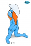 blue_body blue_skin butt clothing female hat hat_only headgear headgear_only headwear headwear_only mostly_nude not_furry phrygian_cap solo amh the_smurfs sassette humanoid smurf