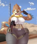 2_tails abs aiming_at_viewer angry anthro biceps breasts brown_body brown_fur buizel clothed clothing cloud countershading cross-popping_vein day detailed_background digital_media_(artwork) erect_nipples female fin finger_gun finger_gun_to_head fingerless_gloves fingers freckles front_view fur generation_4_pokemon gesture gloves gun hand_gesture handwear hi_res holding_gun holding_object holding_ranged_weapon holding_submachine_gun holding_weapon looking_at_viewer mammal midriff mr-shin multi_tail muscular muscular_female nintendo nipple_outline nipples open_mouth outside pointing pointing_at_head pointing_at_self pokemon pokemon_(species) pretzie radio_tower ranged_weapon sky solo standing submachine_gun tail tan_body tan_fur thick_thighs tight_clothing topwear tower watermark weapon wide_hips yelling