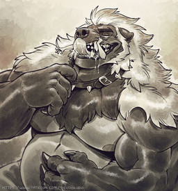 ambiguous_gender anthro belly bodily_fluids claws collar collar_pull duo hand_on_belly male male_pred musclegut muscular muscular_arms muscular_male nipples oral_vore pecs saliva sharp_teeth size_difference spiked_collar spikes teeth tongue tongue_out vore neodokuro gulonine mammal mustelid musteline wolverine hi_res