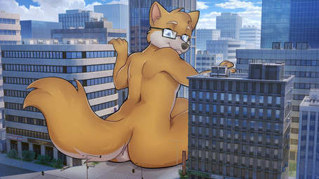 big_butt big_tail blue_sky brown_body brown_fur brown_tail building butt city cloud crosswalk day eyewear eyewear_only fluffy fluffy_tail fur glasses glasses_only macro male nude nude_anthro nude_male outside plant rectangular_glasses road shrub sitting size_difference sky skyscraper solo tail wearing_glasses window dankalaning villmix koby_(kobydoggo) canid canine canis domestic_dog mammal shiba_inu spitz 2024 colored english_description hi_res shaded