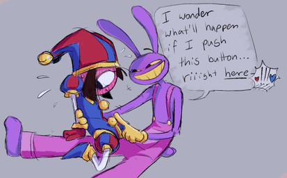 4_fingers anthro blush bodily_fluids duo exclamation_point female fingers heart_symbol larger_male male motion_lines null rubbing size_difference smaller_female smug_grin speech_bubble sweat sweatdrop teasing unusual_erogenous_zone blueespresso69 glitch_productions the_amazing_digital_circus jax_(tadc) pomni_(tadc) humanoid lagomorph leporid mammal rabbit hi_res