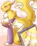 anthro areola biped blush breasts dialogue female fur nipples open_mouth pupils speech_bubble text thick_thighs yellow_body yellow_fur draxley bandai_namco digimon canid digimon_(species) mammal renamon hi_res