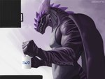 anthro black_body black_sclera clothed clothing container cup holding_container holding_cup holding_object horn inside male muscular muscular_anthro muscular_male owo purple_body shirt solo tank_top teeth topwear wings geewolf mythology ixen dragon mythological_creature mythological_scalie scalie 4:3