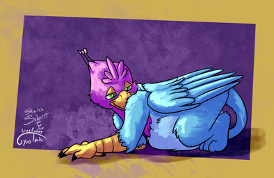ambiguous_gender ambiguous_prey avian_feet beak blue_body feathered_crest feathered_wings feathers feral green_eyes head_crest male paws pink_body quadruped side_view solo tail tail_tuft tuft vore weight_gain wings gyrotech silent_e mythology gyro_feather avian bird galliform gryphon mythological_avian mythological_creature peafowl phasianid signature