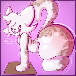 ambiguous_gender anthro big_butt blush burnt butt candy dessert dialogue food freckled_butt freckled_face freckles hand_on_table huge_butt huge_thighs looking_back looking_back_at_self marshmallow pink_background side_view simple_background simple_hands solo sunburn tail tanned thick_thighs helloimfurry anonymous_character felid feline food_creature mammal 1:1 hi_res watermark