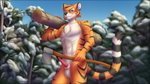 abs animal_genitalia anthro axe balls biceps countershading erection felling_axe forest fur genitals holding_object looking_at_viewer male melee_weapon multicolored_body multicolored_fur muscular muscular_anthro muscular_male nude orange_body orange_fur outside penile_spines penis plant pose sheath smile snow solo standing stripes tree weapon white_body white_fur winter sidnithefox felid mammal pantherine tiger 16:9 digital_media_(artwork) hi_res pinup widescreen