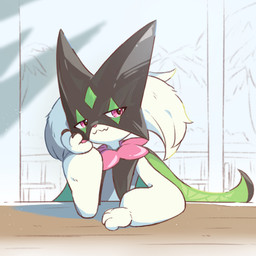 ambiguous_gender anthro arm_support claws fur green_body green_fur green_hair hair leaning_on_elbow palm_tree pawpads pink_eyes plant solo tree nekogyo122 nintendo pokemon felid feline generation_9_pokemon mammal meowscarada pokemon_(species) 1:1 2023 hi_res