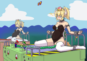5_fingers armband blonde_hair blue_clothing blue_eyes blue_overalls blush bodily_fluids bound bracelet breasts chain chained clothed clothed_human clothed_male clothing collar crown ear_piercing eyebrows eyelashes female female_focus fingers fully_clothed fully_clothed_human fully_clothed_male genitals green_clothing green_hat green_headwear green_shirt green_topwear group hair hat headgear headwear horn humanoid_pointy_ears inflation jewelry legwear macro male open_mouth outside overalls penetration piercing pointy_ears ponytail red_clothing red_hat red_headwear red_shirt red_topwear shell shirt sitting size_difference spiked_armband spiked_bracelet spiked_collar spiked_shell spiked_tail spikes spikes_(anatomy) square_crossover standing super_crown sweat sweatdrop tail teeth thick_eyebrows thigh_highs topwear vaginal vaginal_penetration vulva colucolu bowsette_meme mario_bros mario_party_(series) mario_party_2 nintendo bowser luigi mario animal_humanoid human humanoid koopa_humanoid mammal scalie scalie_humanoid 2018 absurd_res colored digital_drawing_(artwork) digital_media_(artwork) hi_res meme brother_(lore) brothers_(lore) sibling_(lore) twins_(lore)