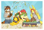 anthro birthday birthday_cake border cake clothed clothing dessert food group male party white_border moche bowser_day mario_bros nintendo bowser dodger_akame_(character) remy_(dodger_akame) ailurid canid canine canis humanoid koopa mammal red_panda scalie wolf hi_res