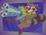 abstract_background anthro belt black_markings brown_body brown_fur bulge clothing fur gatling_gun gloves gun handwear machine_gun male markings minigun ranged_weapon red_eyes solo striped_markings striped_tail stripes tail tail_markings uniform utility_belt weapon gavanzude guardians_of_the_galaxy marvel rocket_raccoon mammal procyonid raccoon alternate_version_at_paywall digital_drawing_(artwork) digital_media_(artwork) hi_res signature