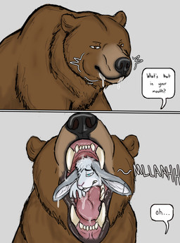 ambiguous_gender anthro bodily_fluids duo fangs feral in_mouth in_throat male mawplay mouth_closed mouth_shot mouthful open_mouth prey_in_mouth saliva saliva_on_face size_difference teeth tongue vore hgythshs bear brown_bear grizzly_bear lagomorph leporid mammal rabbit ursine absurd_res hi_res