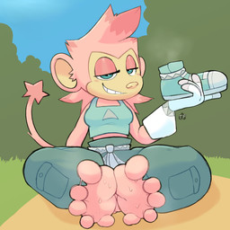 5_toes anthro barefoot bodily_fluids bottomwear clothed clothing feet female foot_fetish foot_focus footwear forest forest_background fur gloves hair handwear humanoid_feet looking_at_viewer musk nature nature_background oversized_bottomwear oversized_clothing oversized_pants pants pink_hair plant plantigrade shoes shoes_removed sitting smile smug_face smug_grin soles solo spread_toes steam sweat sweatdrop sweaty_feet tail teeth toes tree twistedfurby haplorhine mammal monkey primate 1:1 digital_media_(artwork) hi_res