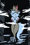 anthro blue_eyes breasts brown_body brown_fur chest_tuft eyeshadow female fluffy fluffy_tail fog fur genitals glowing glowing_eyes hands_behind_back makeup nipples pink_nipples pupils pussy red_pupils smile solo tail tuft white_body white_fur jejunumiper nintendo pokemon tera_(jejunumiper) generation_7_pokemon lycanroc midday_lycanroc pokemon_(species) 2:3 hi_res