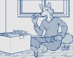 anthro bottomwear box clothing container eating eye_scar facial_scar feet food male pants rice_cake scar shirt solo sweatpants topwear teaselbone beastars legoshi_(beastars) canid canine canis mammal wolf 2024 hi_res