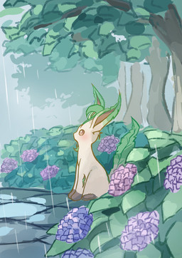 ambiguous_gender blush brown_eyes feral flower fur plant raining shrub sitting solo tail tan_body tan_fur tree chaco_(illustrattyako) nintendo pokemon eeveelution generation_4_pokemon leafeon pokemon_(species) 2025 absurd_res hi_res