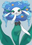 blue_background blush brown_eyes female finger_to_mouth half-closed_eyes looking_at_viewer narrowed_eyes open_mouth plant simple_background monuke30 nintendo pokemon blue_flower_florges elemental_creature flora_fauna florges generation_6_pokemon humanoid pokemon_(species)