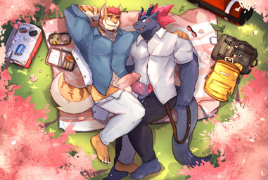 anthro anthro_on_anthro backpack balls beard bodily_fluids bottomwear bottomwear_down clothed clothing collared_shirt cuddling dress_shirt duo erection eye_contact eyebrows facial_hair food frottage genital_fluids genitals hair hand_on_shoulder horn humanoid_genitalia humanoid_penis leaf looking_at_another lying male male/male on_back outside pants pants_down partially_clothed penile penis penises_touching picnic precum pubes romantic romantic_couple sex shirt smile suspenders tail topwear makowolf1 mythology dragon felid mammal mythological_creature mythological_scalie pantherine scalie tiger 2021 hi_res