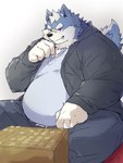 2023 3:4 anthro belly big_belly black_nose blue_body board_game bottomwear canid canine canis clothing cute_fangs domestic_dog hi_res kemono male mammal noctnoc overweight overweight_male pants shirt shogi sitting solo topwear