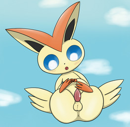 anus balls blue_eyes blush bodily_fluids butt butt_wings cum cum_on_penis feral genital_fluids genitals male nude open_mouth penis presenting presenting_hindquarters simple_background solo tan_body unusual_wing_placement wings x_anus pandashorts nintendo pokemon generation_5_pokemon legendary_pokemon pokemon_(species) victini 2015