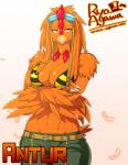 amber_eyes anthro beak belt big_breasts biped bottomwear bra breasts claws cleavage clothed clothing eyewear feathers female goggles hair long_hair looking_at_viewer midriff navel non-mammal_breasts orange_body orange_feathers orange_hair pants smile solo standing underwear wide_hips ryo_agawa antur avian bird chicken galliform gallus_(genus) phasianid 2015