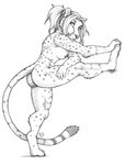 5_fingers abs anthro areola black_pawpads breasts digitigrade eyebrows eyelashes feet female fingers fur hair looking_at_viewer nipple_piercing nipples nude pawpads paws piercing smile solo stretching toes noviraine mia_amaya cheetah felid feline mammal sketch