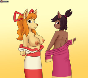 accessory anthro asian_clothing big_breasts bow_ribbon breasts brown_body brown_fur brown_hair clothing duo east_asian_clothing female fur hair hair_accessory hair_bow hair_ribbon hair_tie japanese_clothing kimono looking_at_viewer orange_body orange_fur orange_hair presenting presenting_breasts ribbons seductive undressing shmazman undertale_(series) undertale_yellow ceroba_ketsukane kanako_ketsukane canid canine fox mammal absurd_res hi_res