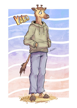 anthro brown_body brown_fur clothed clothing facial_piercing fur green_clothing hair hoodie horn male markings nose_piercing nose_ring ossicone owo piercing relaxing ring_piercing savanna simple_background smile solo spots spotted_body spotted_fur standing tail text topwear yellow_body sulky326 yako_the_giraffe giraffe giraffid mammal absurd_res digital_media_(artwork) full-length_portrait hi_res portrait signature