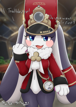 anthro blue_eyes breasts clock clothing conductor female hat headgear headwear long_ears looking_at_viewer multicolored_body open_mouth pocketwatch solo two_tone_body watch eirasnowy honkai:_star_rail mihoyo pom-pom_(honkai:_star_rail) lagomorph leporid mammal rabbit absurd_res hi_res