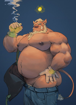 anthro barazoku beard belly biceps big_belly big_muscles big_pecs blue_background body_hair bottomwear bulge butt chest_hair cigarette clothed clothing denim denim_bottomwear denim_clothing eyebrows facial_hair fur gloves hair handwear huge_muscles inner_ear_fluff jeans light_bulb looking_at_viewer male mature_anthro mature_male musclegut muscular muscular_anthro muscular_male navel nipples no_underwear overalls overalls_only overweight overweight_anthro overweight_male pants partially_clothed pecs pubes simple_background smile smoke solo standing suspenders teeth thick_thighs topless topless_anthro topless_male tuft tusks vein eruprior mike_(eruprior) mammal suid suine sus_(pig) wild_boar 2022 absurd_res digital_media_(artwork) hi_res