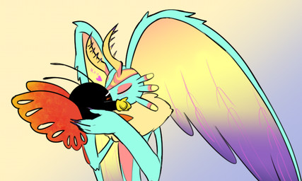 ambiguous/ambiguous ambiguous_gender antennae_(anatomy) anthro antlers biped black_body blush blush_lines carrying_another carrying_partner chest_tuft clothing colored_nails countershade_torso countershading duo eyes_closed fingernails footwear fur gloves gradient_background hand_on_cheek handwear head_wings heart_symbol holding_face holding_partner horn huge_wings insect_wings kissing larger_anthro lepidopteran_wings mouthless multicolored_body multicolored_fur nails neck_tuft orange_body orange_fur orange_wings purple_background purple_fingernails purple_nails side_view simple_background size_difference tan_body tan_fur teal_body teal_fur text three-quarter_view tuft unusual_wing_placement wings yellow_background ne_(pixiv) kirby_(series) kirby_and_the_forgotten_land nintendo fecto_elfilis morpho_knight alien chinchilla chinchillid mammal rodent starling_(kirby) japanese_text