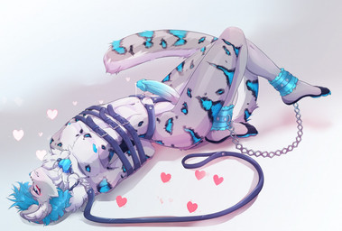 ankle_cuffs anthro balls bdsm black_spots blue_body blue_eyes blue_fur blue_genitals blue_hair blue_nipples blue_pawpads blue_penis blush bodily_fluids bondage bound chain collar cuff_(restraint) dripping erection feet fur genital_fluids genitals glans grey_body grey_fur hair hands_behind_back harness heart_symbol humanoid_genitalia humanoid_penis leash leashed_collar lying male male_anthro markings multicolored_body nipples nude on_back pawpads paws penis precum precum_drip restraints shackles simple_background snow solo spots spotted_body spotted_fur submissive submissive_male tail toes tongue tongue_out tuft white_body white_fur white_genitals sadih archon_eclipse felid mammal pantherine snow_leopard digital_media_(artwork)