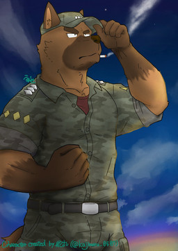 5_fingers anthro bottomwear camo camo_bottomwear camo_clothing camo_pants camo_print camo_topwear clothing cloud detailed_background fingers male military_clothing military_hat military_uniform pants pattern_bottomwear pattern_clothing pattern_pants pattern_topwear smoking solo tactical_belt topwear uniform w0se benki_wars captain_dog canid canine canis domestic_dog german_shepherd herding_dog mammal pastoral_dog absurd_res hi_res signature