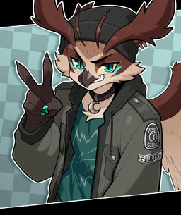 anthro beak beanie brown_body brown_feathers clothed clothed_anthro clothed_male clothing collar feathered_wings feathers fully_clothed fully_clothed_anthro fully_clothed_male gesture green_eyes grin hand_gesture hat headgear headwear jacket looking_at_viewer male shirt smile solo teeth toothed_beak topwear v_sign wings budoti avian bird horned_owl owl true_owl absurd_res bust_portrait hi_res portrait