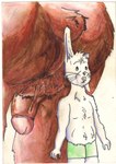 anthro anus balls bear_tail bottomwear brown_body brown_fur buckteeth butt clothing crouching duo fur genitals green_bottomwear green_clothing green_shorts humanoid_genitalia humanoid_penis imminent_anal_vore imminent_vore male male/male navel nude nude_pred one_ear_up penis shorts simple_background size_difference standing tail teeth vore white_background white_body white_fur bigbadbear big_bad_bear bear lagomorph leporid mammal rabbit colored hi_res