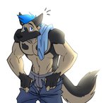 anthro black_body black_fur blue_eyes blue_hair bottomwear bottomwear_down boxers_(clothing) brown_body brown_fur clothed clothing fur grey_clothing grey_underwear hair holding_bottomwear holding_clothing holding_object holding_pants looking_at_viewer looking_surprised male muscular muscular_anthro muscular_male pants pants_down partially_clothed simple_background solo surprise surprised_face underwear cartoonjunkie dannycaliforniashepherd canid canine canis domestic_dog german_shepherd herding_dog mammal pastoral_dog