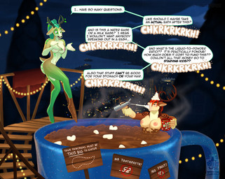 anthro antlers areola beverage big_breasts breast_size_difference breasts candy chocolate city city_background coffee_mug dessert duo evergreen_tree female food frosting_on_breasts green_hair hair holidays horn hot_chocolate hot_tub marshmallow night nipples nude onomatopoeia organs pancreas partially_submerged pine_tree plant ponytail red_hair skinny_dipping small_breasts sound_effects speech_bubble steam text towel tree juxtapex christmas zember_(juxtapex) deer mammal new_world_deer reindeer detailed english_text hi_res