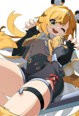 animal_ears bare_legs belt black_bottomwear black_clothing black_shorts blonde_hair bottomwear clothed clothing collared_shirt dress_shirt female fluffy_ears glistening glistening_hair green_eyes grey_dress_shirt hair hair_between_eyes jacket long_hair looking_at_viewer looking_down looking_down_at_viewer one_eye_closed open_clothing open_jacket open_mouth open_topwear paw_pose pose shirt shorts simple_background sitting striped_hair teeth topwear white_background white_hair yellow_clothing yellow_jacket_(clothing) yellow_topwear young young_female young_humanoid kaka_(pixiv) mihoyo zenless_zone_zero ju_fufu animal_humanoid felid felid_humanoid humanoid mammal mammal_humanoid pantherine pantherine_humanoid thiren tiger_humanoid absurd_res hi_res