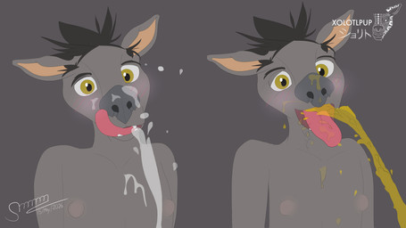 anthro blush blush_face bodily_fluids cum cum_in_mouth cum_inside cum_on_face cumshot drinking drinking_urine ejaculation fur genital_fluids hairless male multicolored_body multicolored_fur pecs peeing smile solo tongue tongue_out urine urine_in_mouth urine_on_belly watersports yellow_eyes giga_larry canid canine canis domestic_dog hairless_dog mammal primitive_dog xoloitzcuintli 16:9 absurd_res hi_res widescreen
