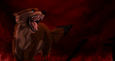 ambiguous_gender black_nose black_tail blue_eyes bodily_fluids brown_body brown_fur brown_tail cheek_tuft dipstick_tail facial_tuft fangs feral fur markings neck_tuft open_mouth outside raining saliva saliva_string solo tail tail_markings teeth text tuft msdeadsoul canid mammal 2018 artist_name dated