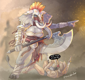 3_toes 4_fingers anthro armor axe battle battle_axe big_breasts blue_eyes breasts cleavage clothed clothing dialogue duo feet female fight fingers freckles front_view gauntlets gesture gloves grey_body grey_skin hair hand_gesture handwear headgear helmet holding_object holding_weapon larger_female lying male melee_weapon mohawk muscular on_back orange_hair outside pointing proboscis_(anatomy) size_difference smaller_male smoke speech_bubble spread_legs spreading standing stepped_on sword text toes trunk_(anatomy) tusks warrior weapon lluisabadias elephant elephantid human loxodon mammal proboscidean 2022 absurd_res digital_media_(artwork) english_text hi_res