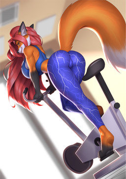 anthro athletic athletic_anthro athletic_female athletic_wear barefoot big_breasts big_butt black_pawpads bottomwear breasts butt camel_toe claws clothed clothing ear_tuft exercise feet female fur hair huge_breasts leggings legwear looking_at_viewer looking_back multicolored_body multicolored_fur pants pawpads paws plantigrade red_hair smile soles solo toes topwear tuft two_tone_body two_tone_fur yellow_eyes yoga_pants pak009 aeril_(helios) canid canine fox mammal red_fox true_fox hi_res