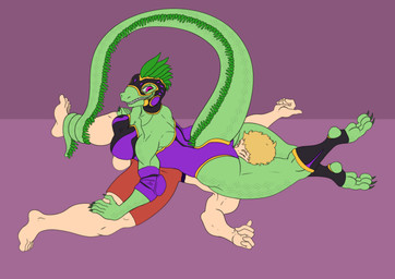 anthro athletic athletic_female athletic_male back_spikes big_butt breasts butt claws dominant dominant_anthro dominant_female dorsal_crest duo elbow_pads female head_between_thighs headscissor lucha_libre_mask luchador luchadora male male/female mask medium_breasts mixed_wrestling mohawk pinned pinned_to_ground sharp_teeth smile smirk smothering smug spikes spikes_(anatomy) sports_mask sportswear stinkface tail tail_coil teeth thick_tail thick_thighs wrestler wrestling wrestling_mask wrestling_outfit norsuiso blonde_haired_crotch_sniffer human iguana iguanid lizard mammal reptile scalie absurd_res hi_res