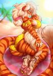 amber_eyes anthro beach bikini breasts butt butt_focus claws clothed clothing countershading feet female foot_focus hair outside pawpads pink_nose pink_pawpads pose seaside side_boob smile solo stripes swimwear thick_thighs toe_claws two-piece_swimsuit white_hair yokozuwari vera_(artist) buxbi_(character) felid mammal pantherine tiger 2018 digital_media_(artwork) hi_res warm_colors