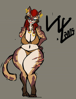 amputee anthro blue_eyes breasts cleavage clothed clothing disability female fur hair hand_on_hip long_hair red_hair simple_background solo thick_thighs tongue wide_hips wolflance bethesda_game_studios microsoft skyrim the_elder_scrolls felid khajiit mammal 2015 hi_res