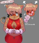 5_fingers :3 angry anthro arm_jewelry armlet bangs big_breasts black_nose black_tail_tip blush blush_lines bob_cut bodily_fluids bottomwear breasts brown_body cat_smile cleavage cleavage_cutout clothed clothing cross-popping_vein cutout dialogue dipstick_tail drawstring_bottomwear ears_back ears_down embarrassed eye_patch eyebrow_through_hair eyebrows eyewear female fingers fingertips_touching first_person_view front_view fur gloves hair handwear inner_ear_fluff looking_at_viewer markings multicolored_hair navel nervous_smile nervous_sweat open_mouth pants pivoted_ears red_clothing shaking_fist short_hair shy simple_background sleeveless_clothing smile solo speech_bubble standing sweat tail tail_markings talking_to_viewer tan_body teeth text topwear translucent translucent_hair tuft two_tone_hair tucolewds bandai_namco cyberconnect2 little_tail_bronx tail_concerto alicia_pris domestic_cat felid feline felineko felis mammal 2025 absurd_res artist_name colored digital_drawing_(artwork) digital_media_(artwork) english_text hi_res portrait shaded three-quarter_portrait