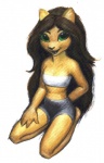 anthro big_eyes biped brown_hair clothed clothing female front_view green_eyes hair high-angle_view kneeling long_hair looking_at_viewer open_mouth sharp_teeth simple_background skimpy solo teeth topwear tube_top white_background avoid_posting steve_gallacci albedo_anthropomorphics erma_felna:_edf erma_felna domestic_cat felid feline felis mammal full-length_portrait painting_(artwork) portrait traditional_media_(artwork)