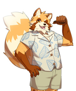 anthro bottomwear chest_tuft clothing inner_ear_fluff male one_eye_closed open_mouth shirt shorts solo tail topwear tuft wink mateuuart ailurid mammal red_panda absurd_res hi_res