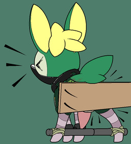 >_< animal_genitalia animal_penis ballbusting bdsm bodily_fluids bound butt_slap clothing cock_and_ball_torture collar cuff_(restraint) eyes_closed feral footwear genital_torture genitals green_background legwear male muzzle_(object) muzzled paddle penis pink_penis rear_view restraints rope shackles simple_background slap socks solo spanking spreader_bar tapering_penis booklesslibrary nintendo pokemon deerling generation_5_pokemon pokemon_(species) summer_deerling