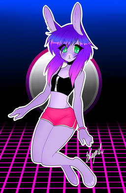 abstract_background anthro blush bottomwear bracelet breasts clothed clothing crop_top digitigrade dolphin_shorts female fur green_eyes grey_body grey_fur grid hair jewelry midriff multicolored_body multicolored_fur multicolored_hair pink_hair purple_body purple_fur purple_hair shirt short_hair shorts slim small_breasts small_waist solo spaghetti_strap synthwave topwear two_tone_body two_tone_fur two_tone_hair sheepy_boy lagomorph leporid mammal rabbit absurd_res hi_res